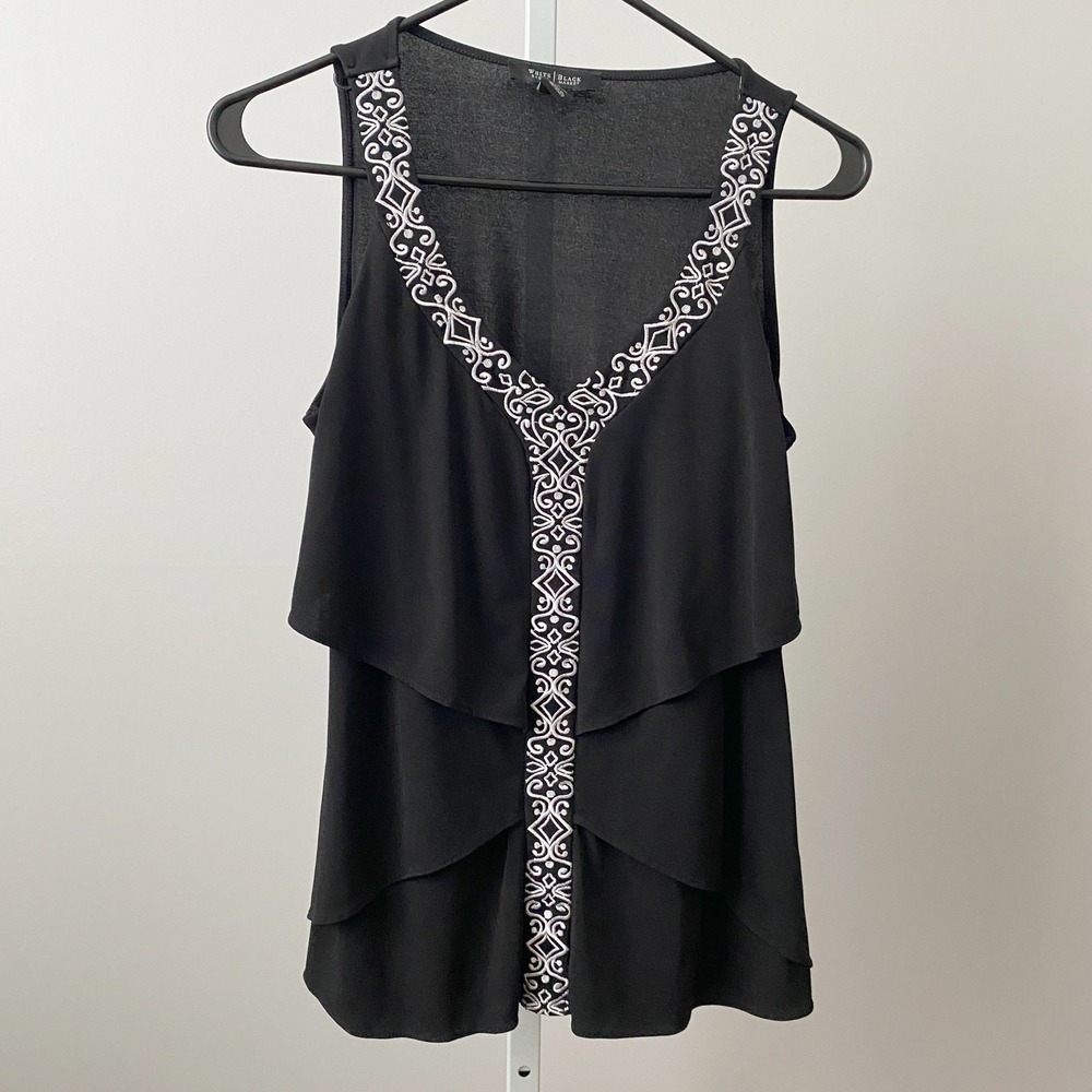 WHBM Boho Shabby S Black Tank Top Embroidered Tiered V-Neck Blouse